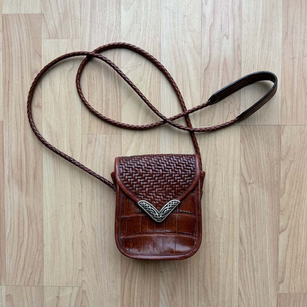 Brighton Crossbody Brown Crocodile Embossed Woven Flap Leather Mini Purse